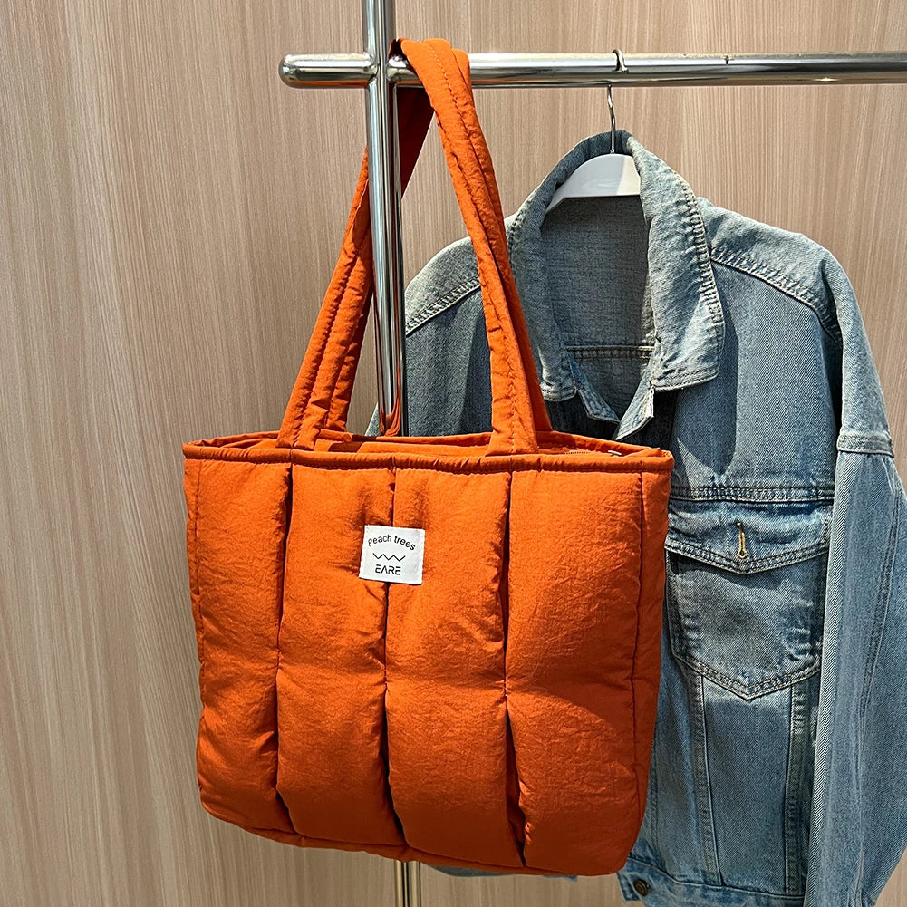 Casual Top-Handle Bag Large Capacity Women Shoulder Handbag Cotton Padded Solid Color Soft Portable Designer for Office Travel