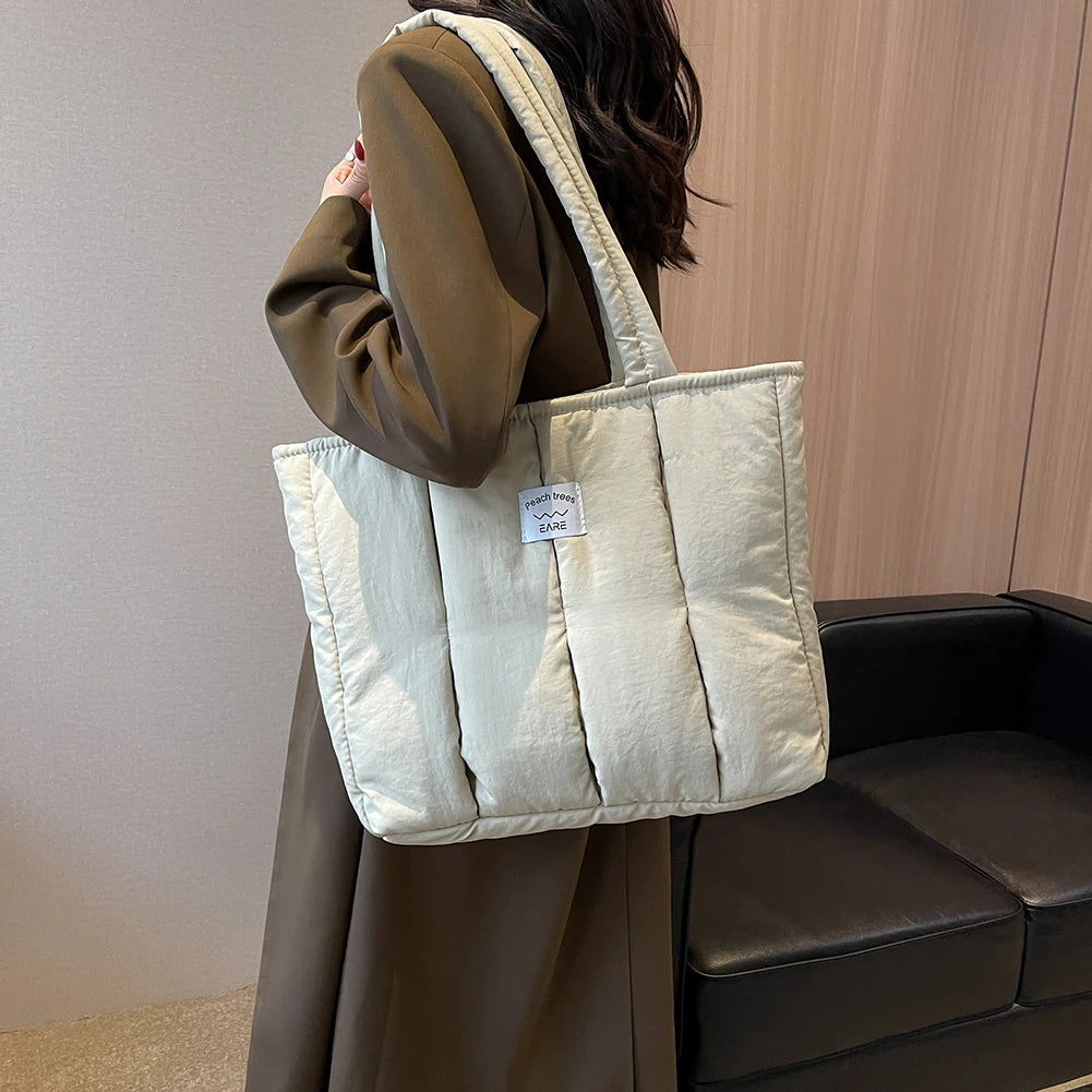 Casual Top-Handle Bag Large Capacity Women Shoulder Handbag Cotton Padded Solid Color Soft Portable Designer for Office Travel