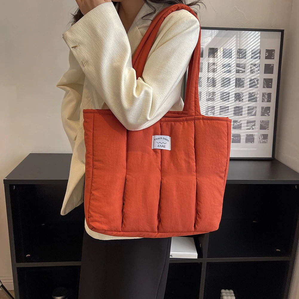 Casual Top-Handle Bag Large Capacity Women Shoulder Handbag Cotton Padded Solid Color Soft Portable Designer for Office Travel