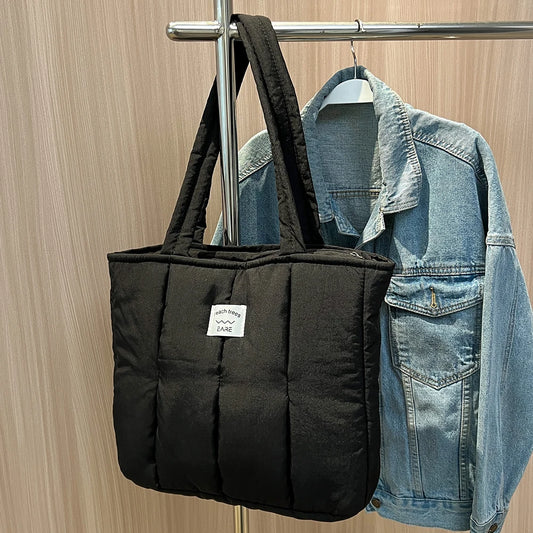 Casual Top-Handle Bag Large Capacity Women Shopping Bag Cotton Padded Solid Color Soft Portable Designer for Office Travel