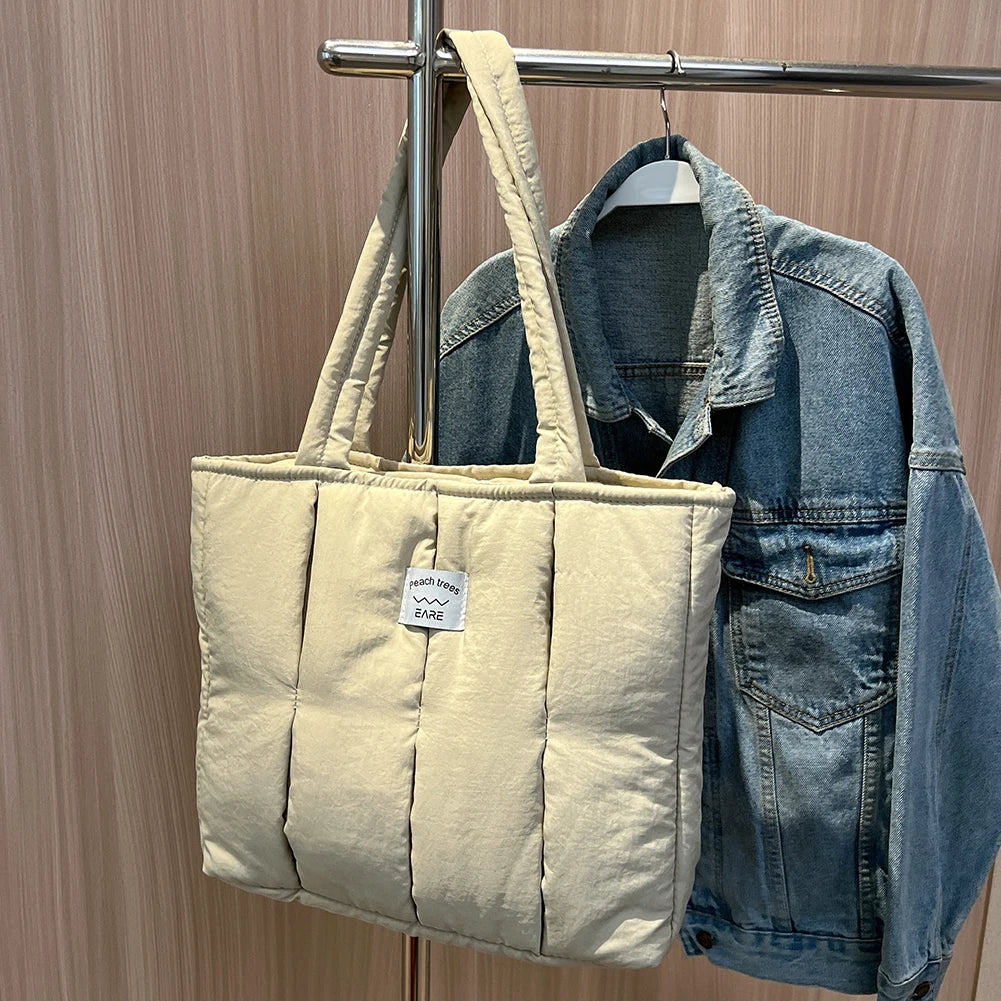 Casual Top-Handle Bag Large Capacity Women Shoulder Handbag Cotton Padded Solid Color Soft Portable Designer for Office Travel